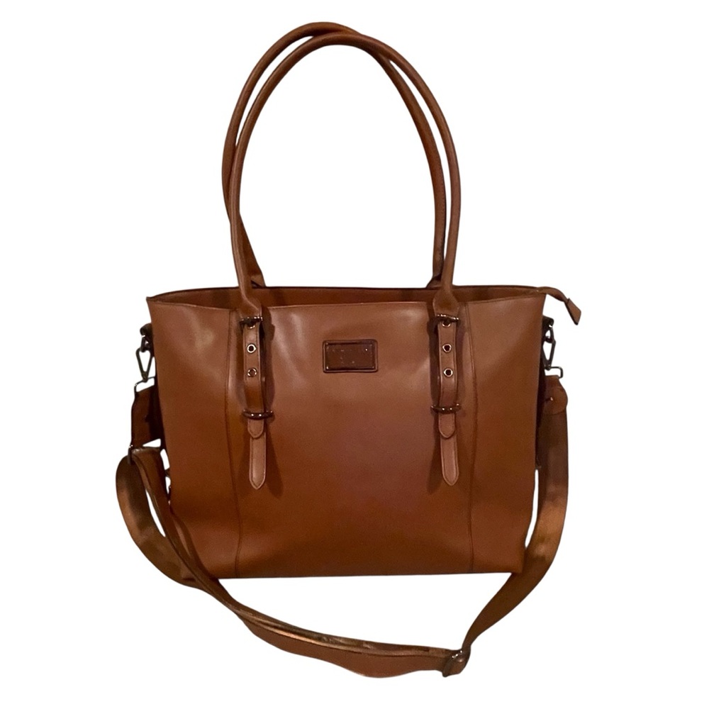 Mosiso Brown PU Leather Laptop Tote Bag, Work Briefcase, Shoulder Strap